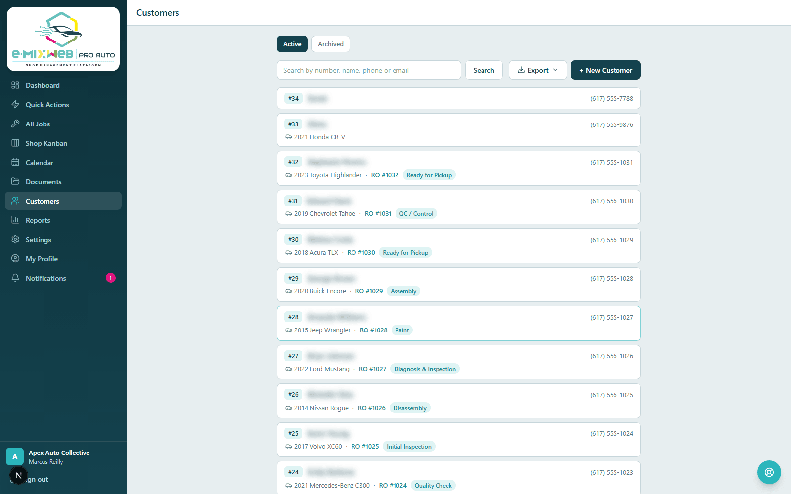 Customers list — searchable, numbered customer records